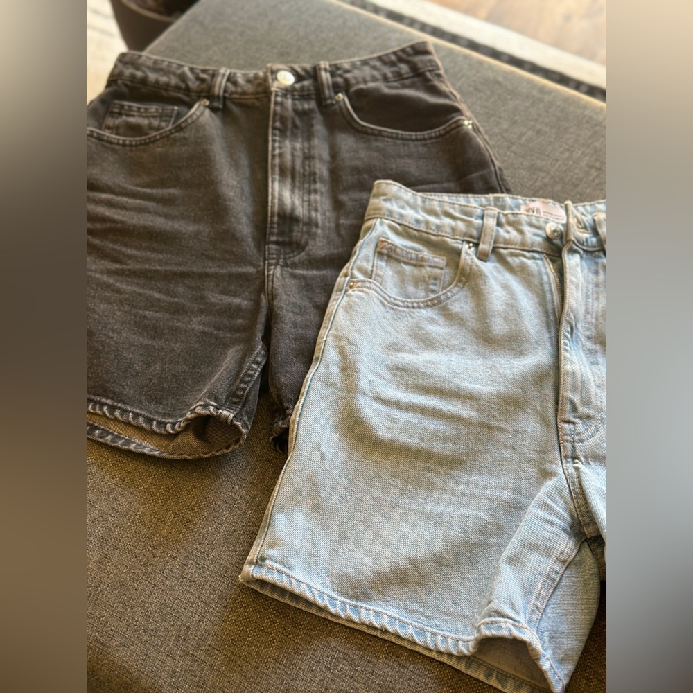 Zara Mid-Rise Denim Shorts Light Blue/Charcoal Black - Picture 14 of 14
